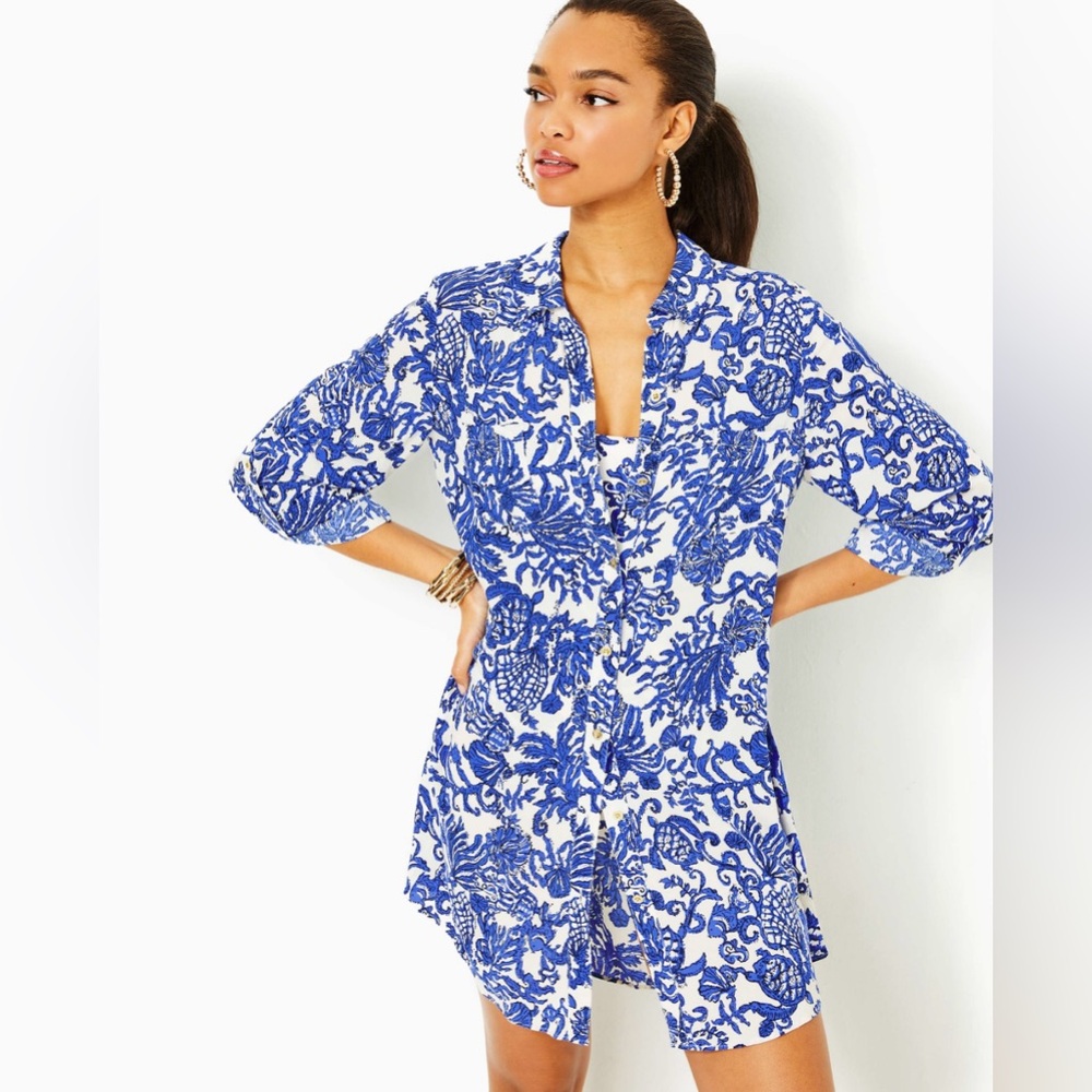 Lilly Pulitzer Natalie Coverup Shirtdress  Deeper Coconut Ride w Me Sz L EUC